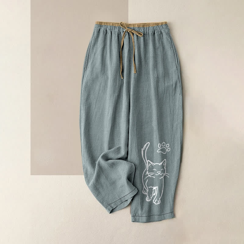 Buddha Stones Pure Cotton Whimsical Cat Pattern Women's Elastic Waist Pants With Pockets - CadetBlue - US16,UK/AU20,EU48 (3XL) - image 4