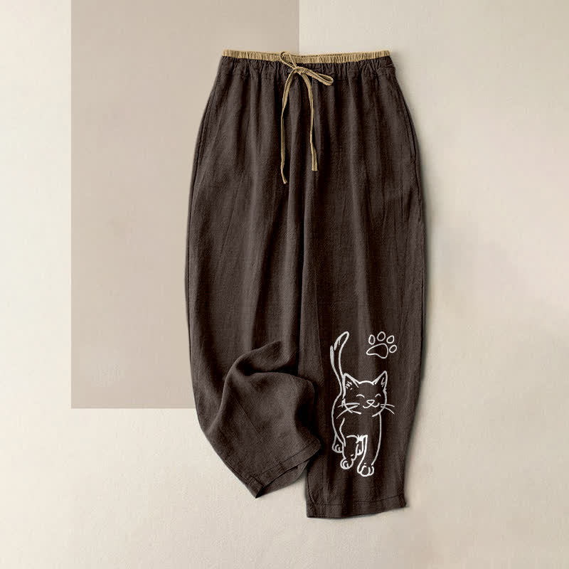 Buddha Stones Pure Cotton Whimsical Cat Pattern Women's Elastic Waist Pants With Pockets - SaddleBrown - US16,UK/AU20,EU48 (3XL) - image 5