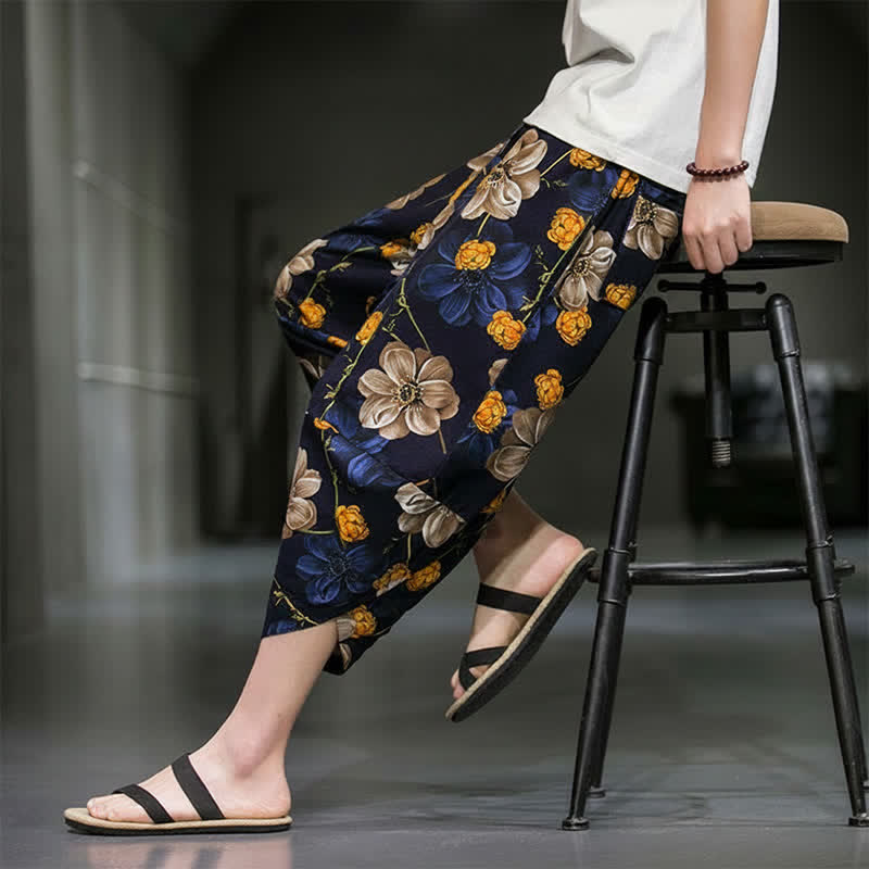 Buddha Stones Summer Casual Boho Floral Capri Pants Men's Tapered Pants With Pockets - MidnightBlue - US/UK/AU46,EU56 (5XL) - image 0