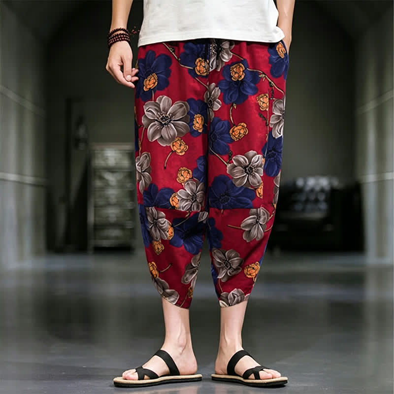Buddha Stones Summer Casual Boho Floral Capri Pants Men's Tapered Pants With Pockets - FireBrick - US/UK/AU46,EU56 (5XL) - image 11