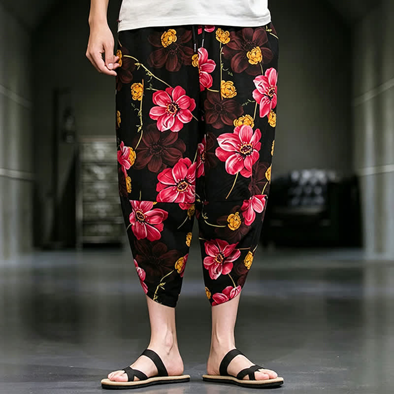 Buddha Stones Summer Casual Boho Floral Capri Pants Men's Tapered Pants With Pockets - Crimson - US/UK/AU46,EU56 (5XL) - image 18