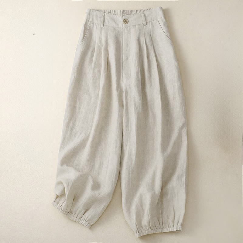 Buddha Stones Summer Casual Minimalist Button-Up Solid Capri Pants Women's Harem Pants With Pocket - Linen - US8-10,UK/AU12-14,EU40-42 (2XL) - image 0