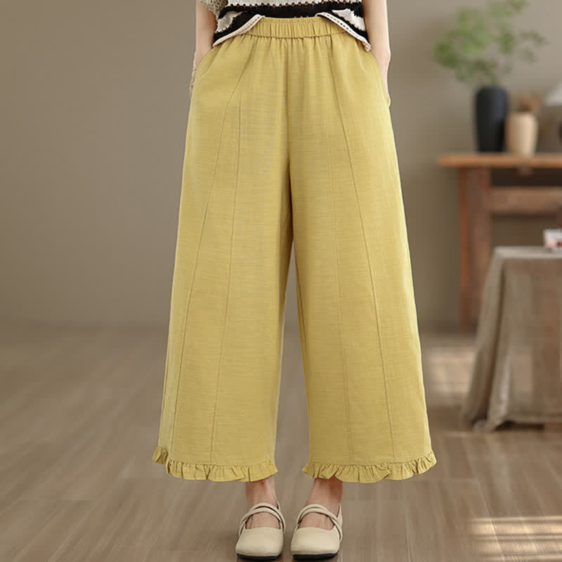 Buddha Stones Summer Casual Minimalist Solid Cropped Pants Women's Wide Leg Pants With Pocket - Khaki - US8-10,UK/AU12-14,EU40-42 (2XL) - image 14