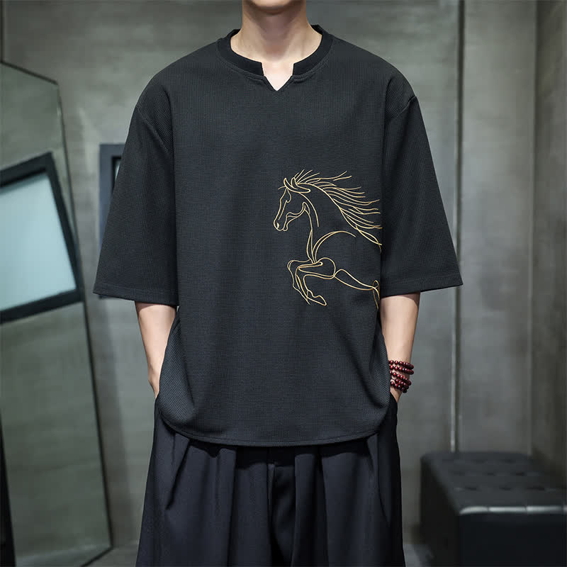 Buddha Stones Summer Casual Minimalist Embroidery Horse Cotton Men's Short Sleeve T-Shirts - Black - US/UK/AU46,EU56 (5XL) - image 8