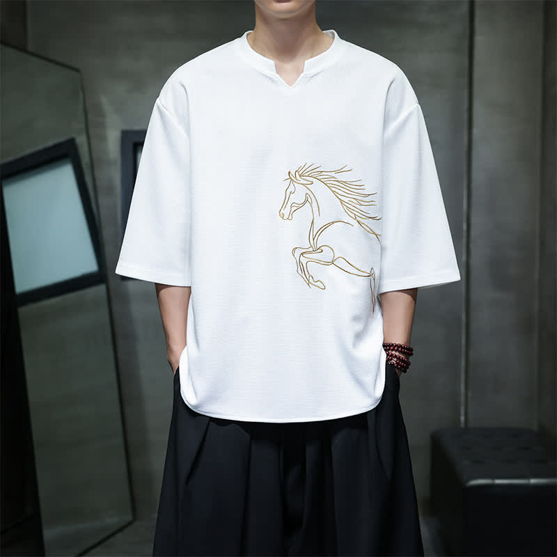 Buddha Stones Summer Casual Minimalist Embroidery Horse Cotton Men's Short Sleeve T-Shirts - White - US/UK/AU46,EU56 (5XL) - image 0