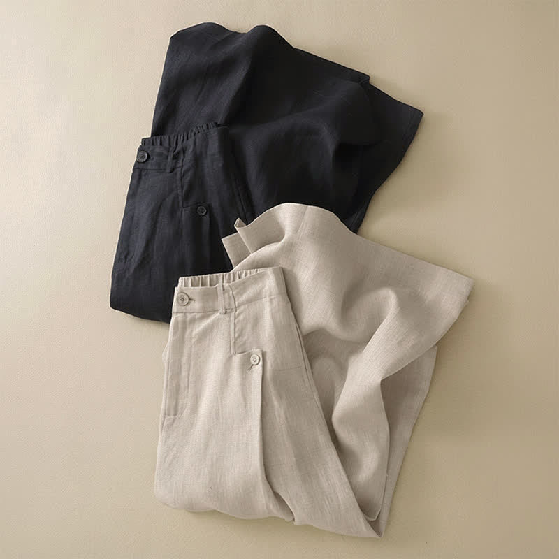 Buddha Stones Summer Casual Elegant Button-Up Solid Ankle Pants Women's Wide Leg Pants With Pocket - image 11