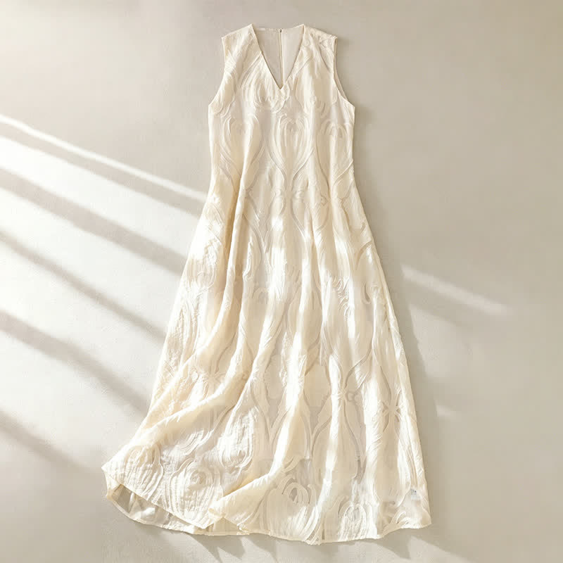 Buddha Stones Summer Elegant Casual Minimalist Lines Solid V-Neck Women's Summer Sleeveless Dress With Pockets - Beige - US12,UK/AU16,EU44 (2XL) - image 0