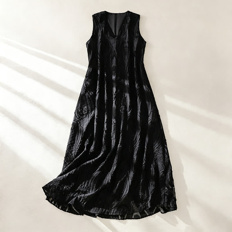 Buddha Stones Summer Elegant Casual Minimalist Lines Solid V-Neck Women's Summer Sleeveless Dress With Pockets - Black - US12,UK/AU16,EU44 (2XL) - image 11