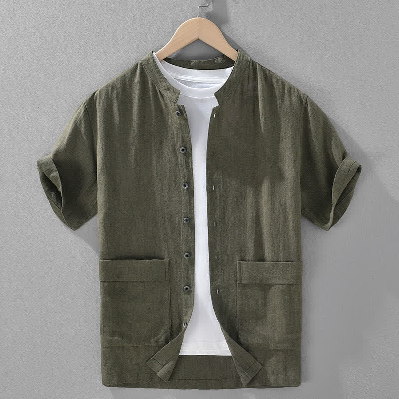 Buddha Stones Summer Vintage Mandarin Collar Button Up Solid Men's Short Sleeve Shirts With Pockets - DarkOliveGreen - US/UK/AU42,EU52 (3XL) - image 11