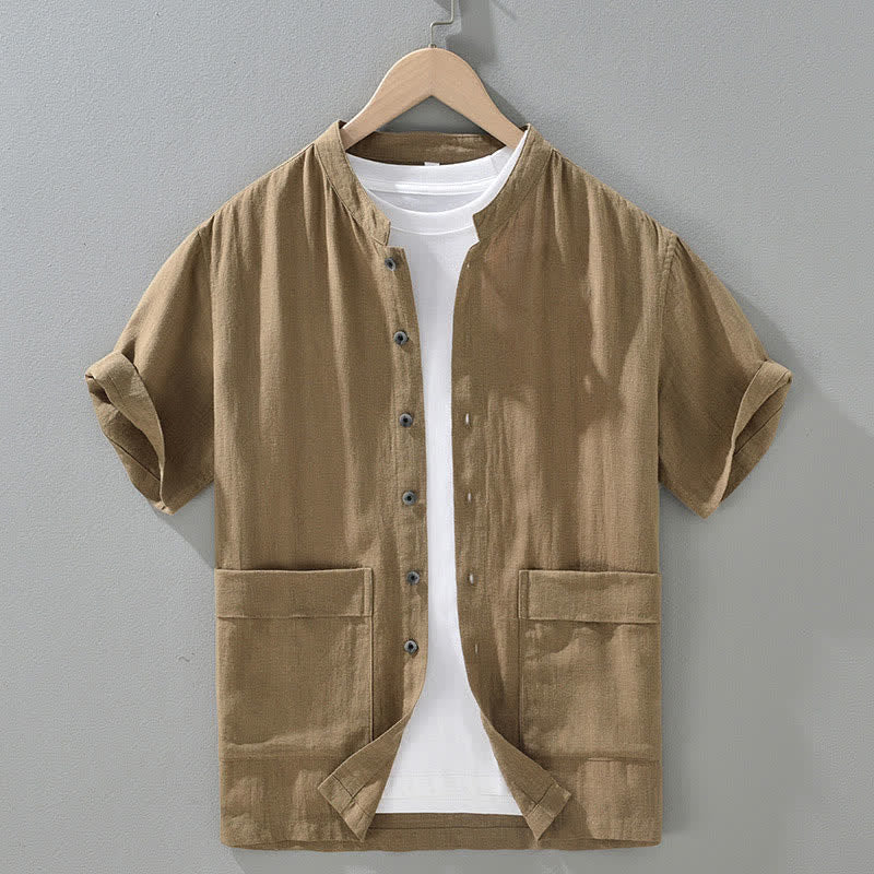 Buddha Stones Summer Vintage Mandarin Collar Button Up Solid Men's Short Sleeve Shirts With Pockets - DarkKhaki - US/UK/AU42,EU52 (3XL) - image 12
