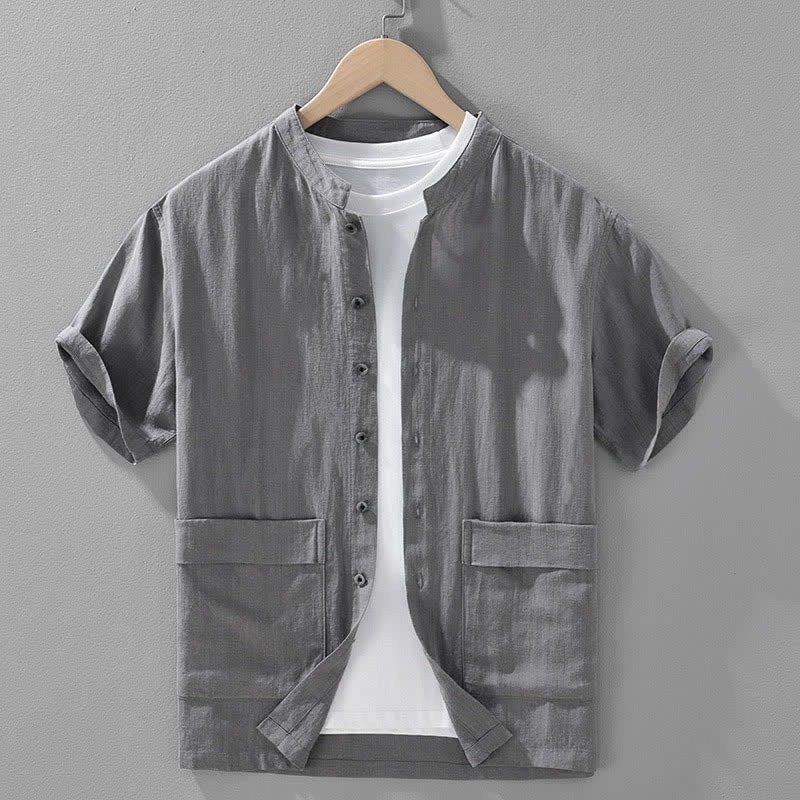 Buddha Stones Summer Vintage Mandarin Collar Button Up Solid Men's Short Sleeve Shirts With Pockets - Gray - US/UK/AU42,EU52 (3XL) - image 0
