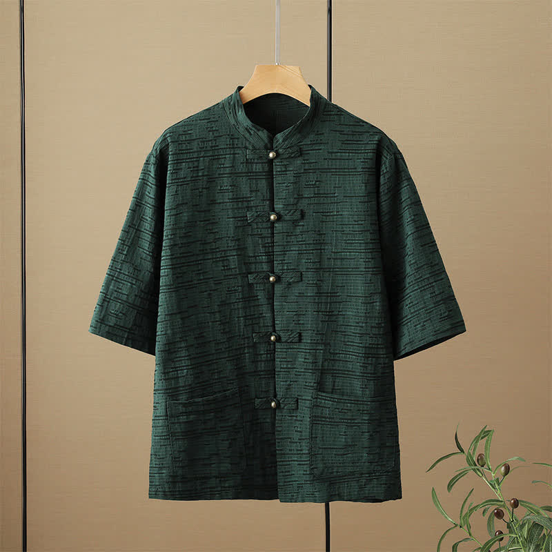 Buddha Stones Summer Tang Style Casual Mandarin Collar Frog Button Solid Men's Elbow-Length Sleeve Shirts With Pockets - DarkGreen - US/UK/AU48,EU58 (6XL) - image 0