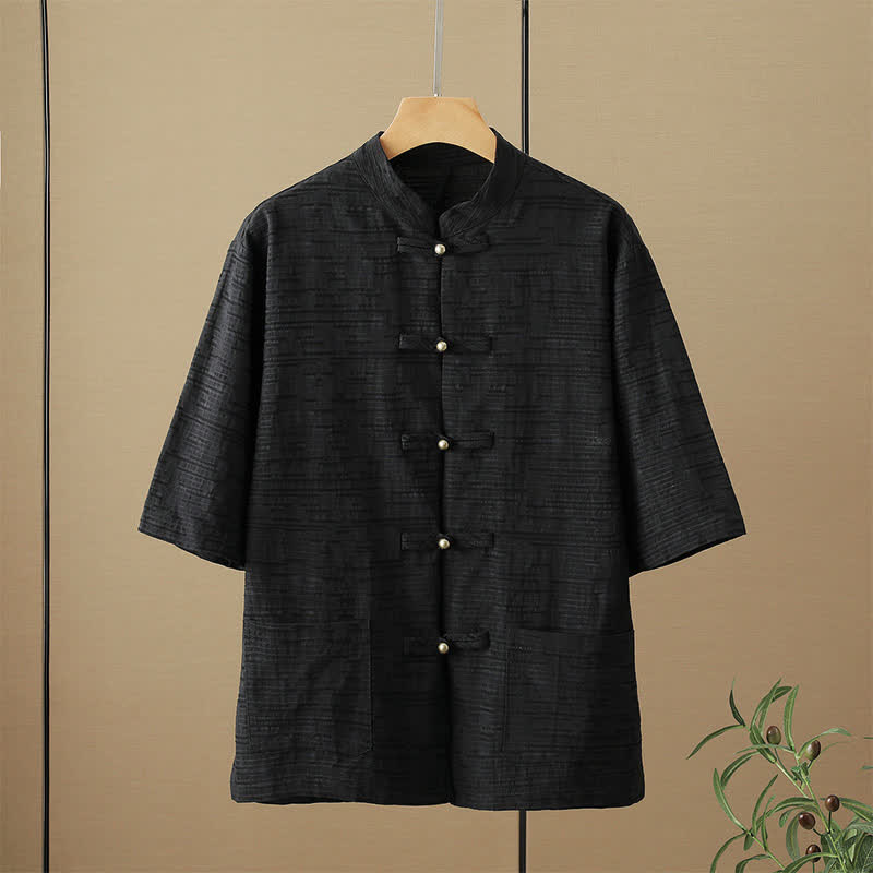 Buddha Stones Summer Tang Style Casual Mandarin Collar Frog Button Solid Men's Elbow-Length Sleeve Shirts With Pockets - Black - US/UK/AU48,EU58 (6XL) - image 2
