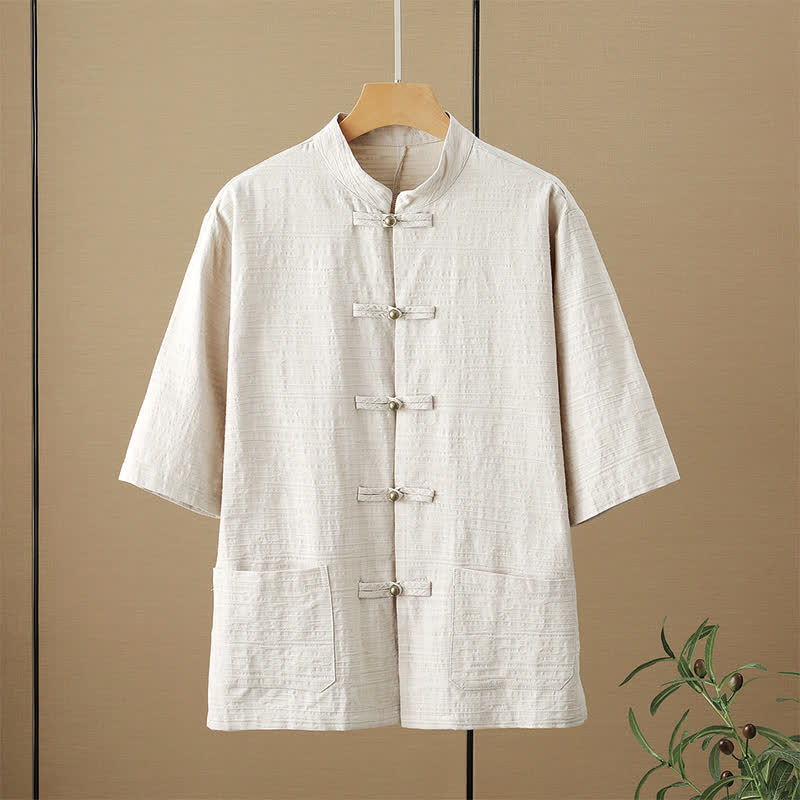 Buddha Stones Summer Tang Style Casual Mandarin Collar Frog Button Solid Men's Elbow-Length Sleeve Shirts With Pockets - Beige - US/UK/AU48,EU58 (6XL) - image 1