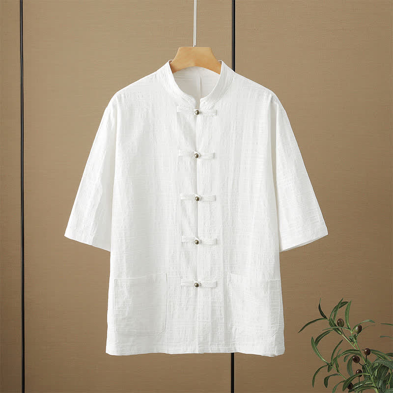 Buddha Stones Summer Tang Style Casual Mandarin Collar Frog Button Solid Men's Elbow-Length Sleeve Shirts With Pockets - White - US/UK/AU48,EU58 (6XL) - image 3