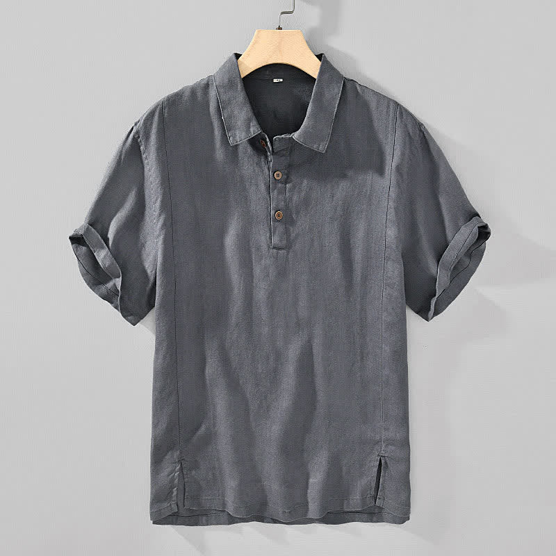 Buddha Stones Summer Casual Minimalist Button-Up Solid Linen Men's Short Sleeve Shirts - DimGray - US/UK/AU44,EU54 (4XL) - image 0