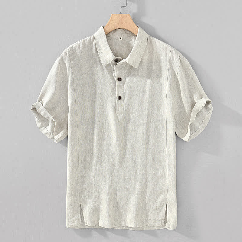 Buddha Stones Summer Casual Minimalist Button-Up Solid Linen Men's Short Sleeve Shirts - Linen - US/UK/AU44,EU54 (4XL) - image 3