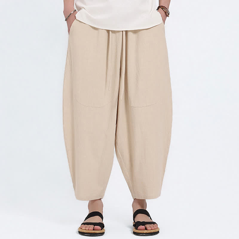 Buddha Stones Summer Casual Drawstring Solid Cotton Linen Capri Pants Men's Harem Pants With Pockets - Beige - US/UK/AU46,EU56 (5XL) - image 15