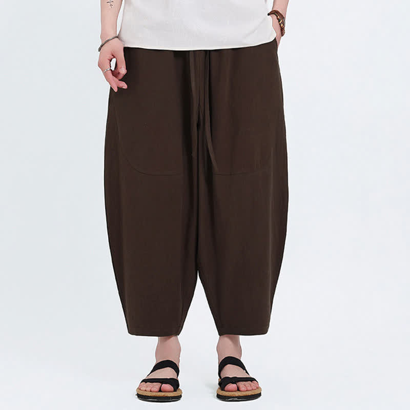 Buddha Stones Summer Casual Drawstring Solid Cotton Linen Capri Pants Men's Harem Pants With Pockets - SaddleBrown - US/UK/AU46,EU56 (5XL) - image 7