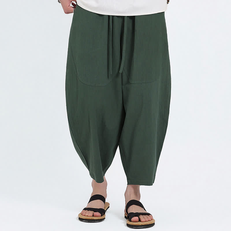 Buddha Stones Summer Casual Drawstring Solid Cotton Linen Capri Pants Men's Harem Pants With Pockets - ForestGreen - US/UK/AU46,EU56 (5XL) - image 0