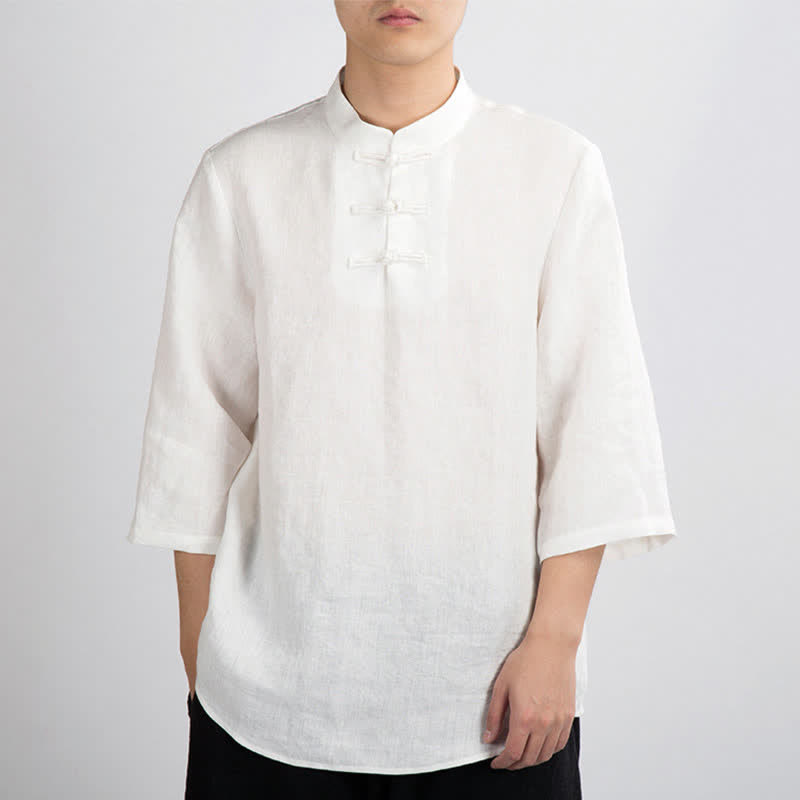 Buddha Stones Summer Tang Style Mandarin Collar Frog Button Solid Men's Three-Quarter Sleeve Shirts - White - US/UK/AU46,EU56 (4XL) - image 6