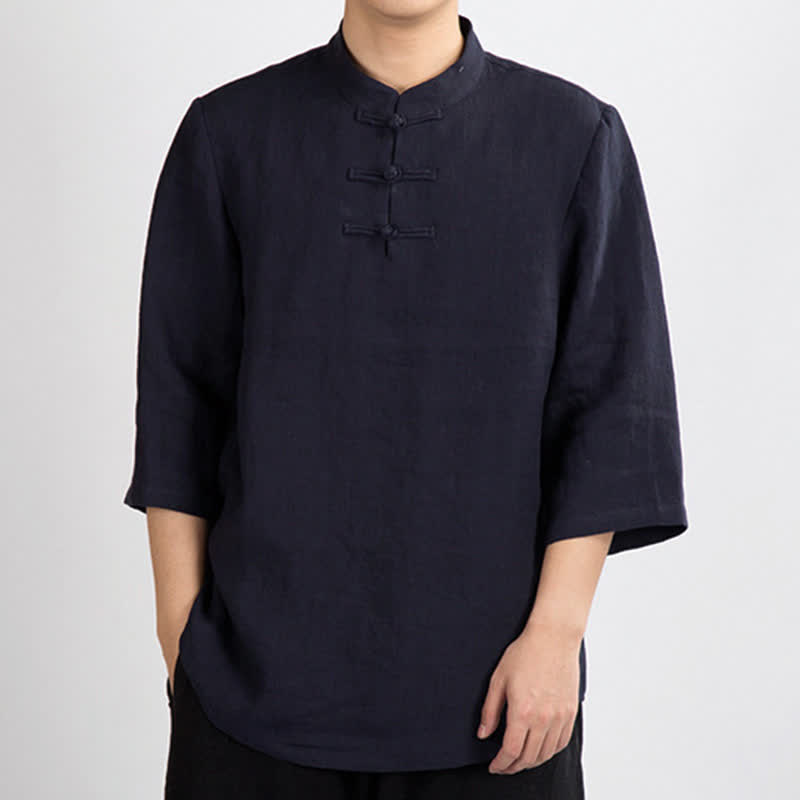 Buddha Stones Summer Tang Style Mandarin Collar Frog Button Solid Men's Three-Quarter Sleeve Shirts - MidnightBlue - US/UK/AU46,EU56 (4XL) - image 9