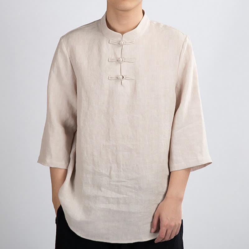 Buddha Stones Summer Tang Style Mandarin Collar Frog Button Solid Men's Three-Quarter Sleeve Shirts - Linen - US/UK/AU46,EU56 (4XL) - image 0