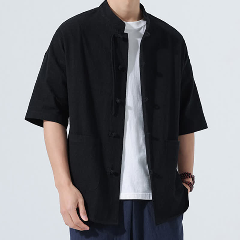 Buddha Stones Summer Tang Style Casual Mandarin Collar Frog Button Solid Men's Elbow-Length Sleeve Shirts With Pocket - Black - US/UK/AU46,EU56 (5XL) - image 7