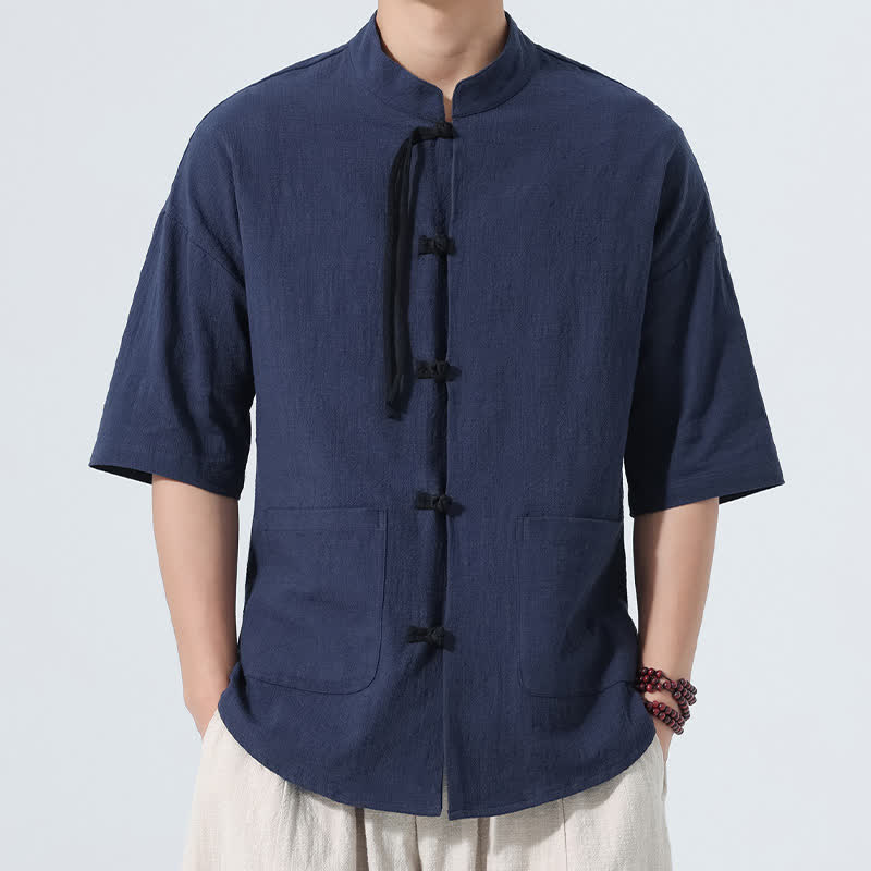 Buddha Stones Summer Tang Style Casual Mandarin Collar Frog Button Solid Men's Elbow-Length Sleeve Shirts With Pocket - Navy - US/UK/AU46,EU56 (5XL) - image 0