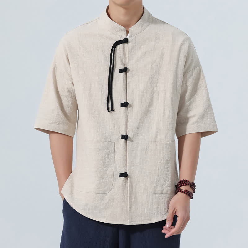 Buddha Stones Summer Tang Style Casual Mandarin Collar Frog Button Solid Men's Elbow-Length Sleeve Shirts With Pocket - Linen - US/UK/AU46,EU56 (5XL) - image 14