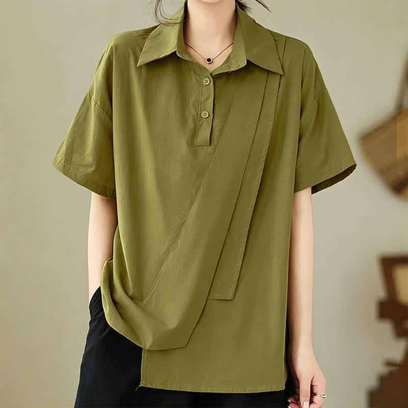 Buddha Stones Summer Casual Minimalist Button-up Solid Asymmetric Layered Design Women's Short Sleeve Shirts - YellowGreen - US14,UK/AU18,EU46 (3XL) - image 0