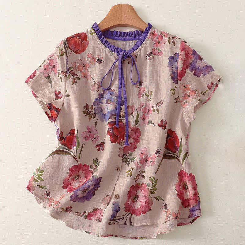 Buddha Stones Summer Casual Boho Drawstring Floral Peony Green Leaves Women's Short Sleeve Shirts - MistyRose - US8-10,UK/AU12-14,EU40-42 (2XL) - image 4