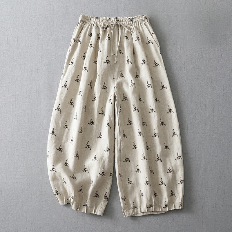 Buddha Stones Summer Casual Vintage Drawstring Floral Polka dots Cropped Pants Women's Harem Pants With Pocket - Snow - US8-10,UK/AU12-14,EU40-42 (2XL) - image 0