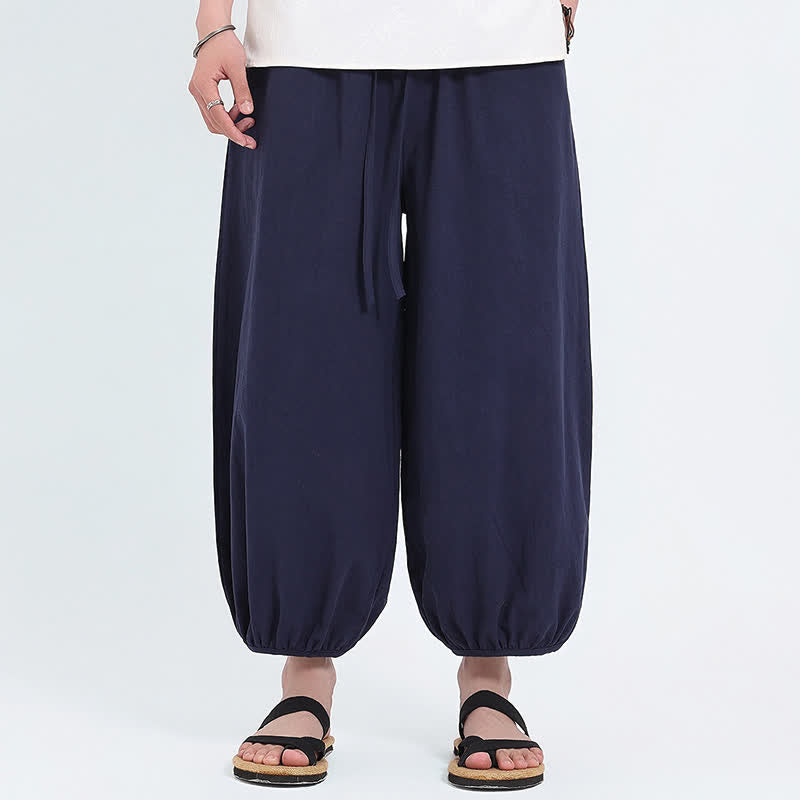 Buddha Stones Summer Tang Style Casual Drawstring Solid Cropped Pants Men's Harem Pants With Pockets - MidnightBlue - US/UK/AU46,EU56 (5XL) - image 0