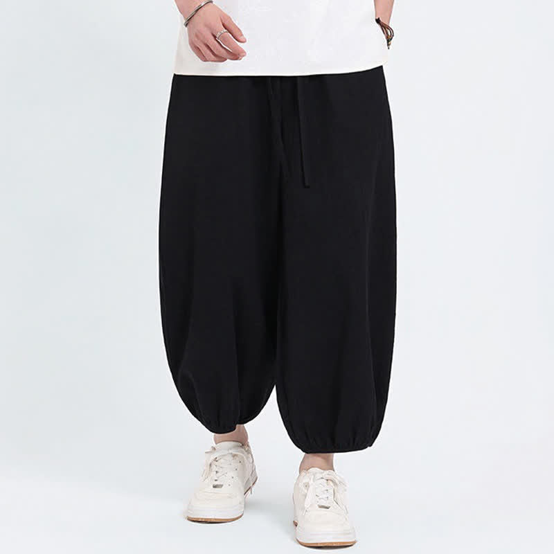 Buddha Stones Summer Tang Style Casual Drawstring Solid Cropped Pants Men's Harem Pants With Pockets - Black - US/UK/AU46,EU56 (5XL) - image 7