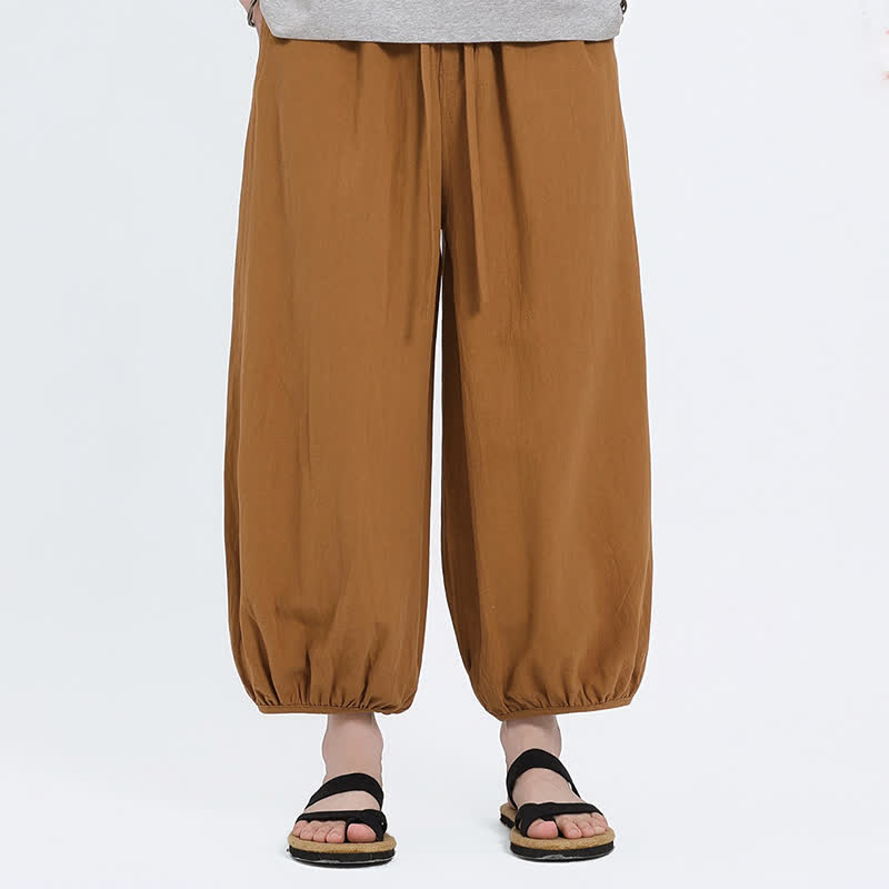Buddha Stones Summer Tang Style Casual Drawstring Solid Cropped Pants Men's Harem Pants With Pockets - Goldenrod - US/UK/AU46,EU56 (5XL) - image 15