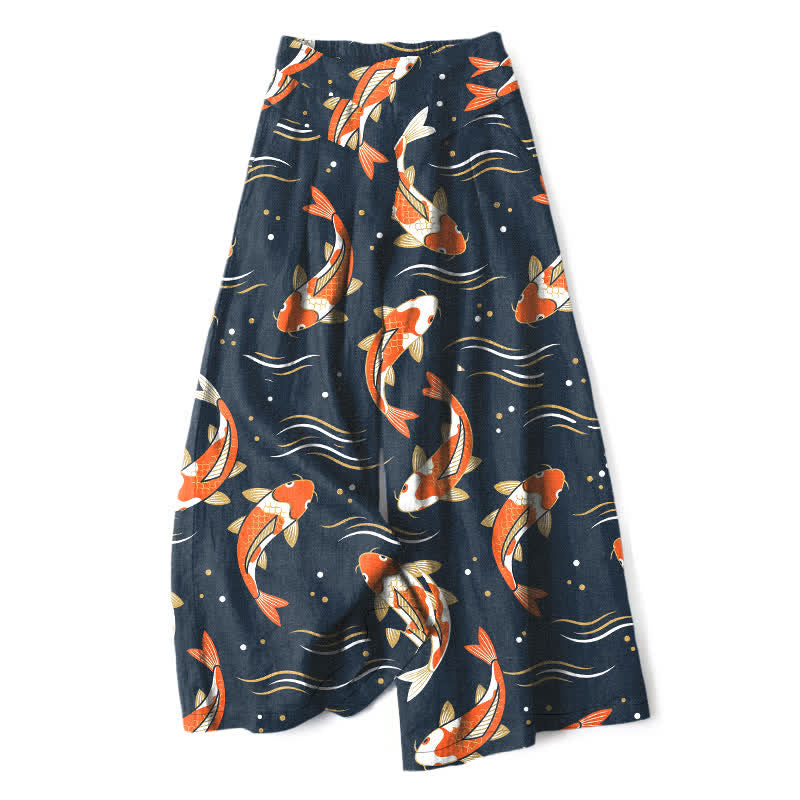 Buddha Stones Cotton Linen Koi Fish Pattern Women's Elastic Waist Wide Leg Pants With Pockets - Navy - US16,UK/AU20,EU48 (3XL) - image 0