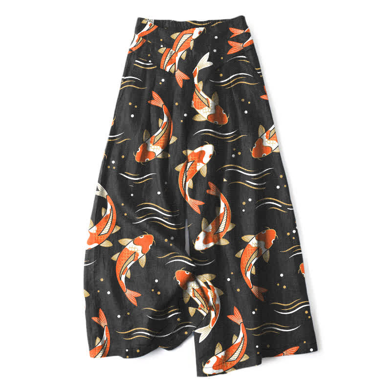 Buddha Stones Cotton Linen Koi Fish Pattern Women's Elastic Waist Wide Leg Pants With Pockets - Black - US16,UK/AU20,EU48 (3XL) - image 5