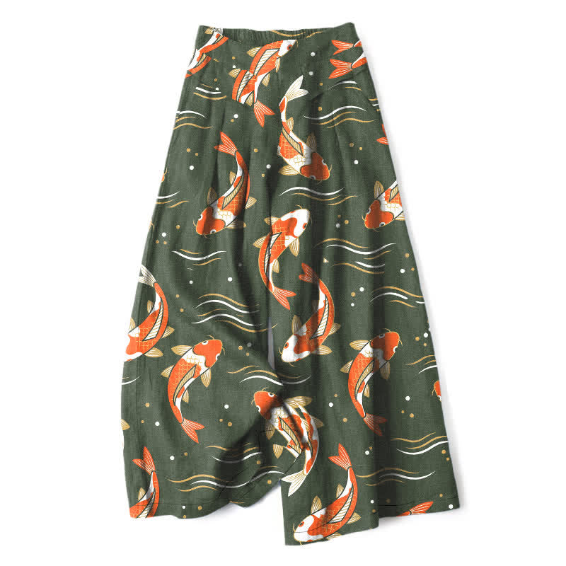 Buddha Stones Cotton Linen Koi Fish Pattern Women's Elastic Waist Wide Leg Pants With Pockets - DarkOliveGreen - US16,UK/AU20,EU48 (3XL) - image 7