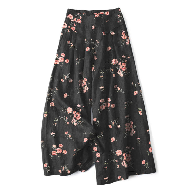 Buddha Stones Cotton Linen Vintage Rose Pattern Women's Elastic Waist Wide Leg Pants With Pockets - Black - US16,UK/AU20,EU48 (3XL) - image 0