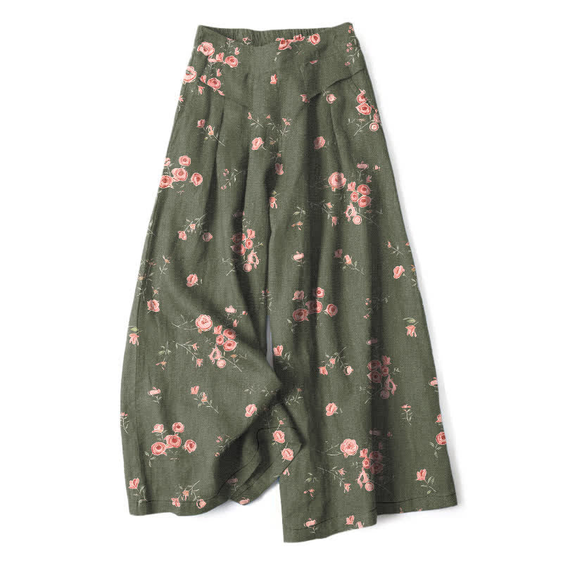 Buddha Stones Cotton Linen Vintage Rose Pattern Women's Elastic Waist Wide Leg Pants With Pockets - Olive - US16,UK/AU20,EU48 (3XL) - image 7