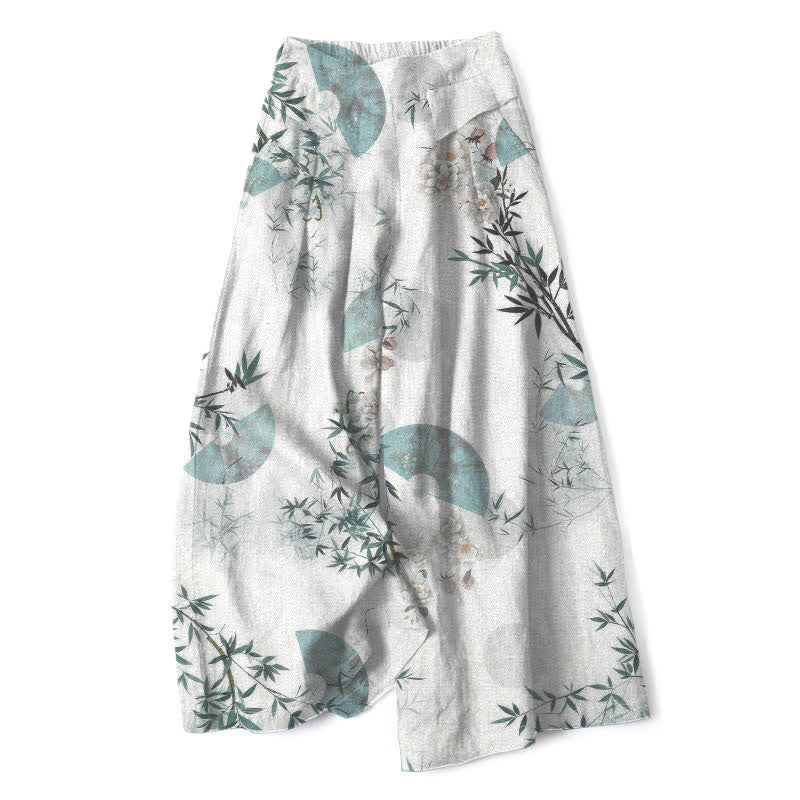Buddha Stones Cotton Linen Oriental Bamboo Leaf Pattern Women's Elastic Waist Wide Leg Pants With Pockets - Ivory - US16,UK/AU20,EU48 (3XL) - image 0