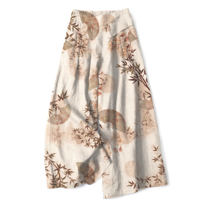 Buddha Stones Cotton Linen Oriental Bamboo Leaf Pattern Women's Elastic Waist Wide Leg Pants With Pockets - Linen - US16,UK/AU20,EU48 (3XL) - image 5