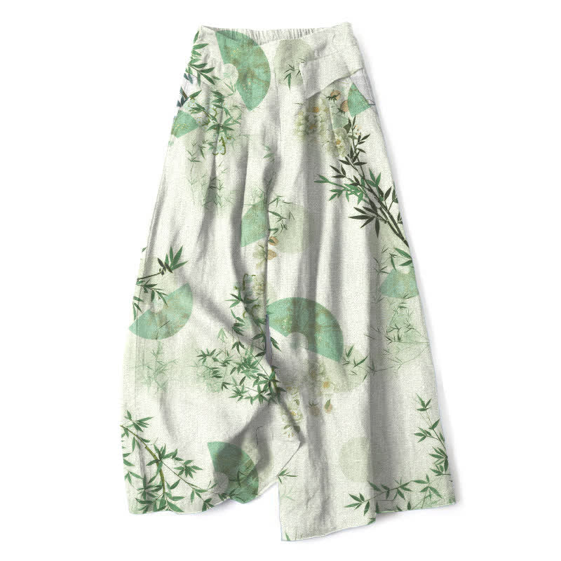 Buddha Stones Cotton Linen Oriental Bamboo Leaf Pattern Women's Elastic Waist Wide Leg Pants With Pockets - Honeydew - US16,UK/AU20,EU48 (3XL) - image 7