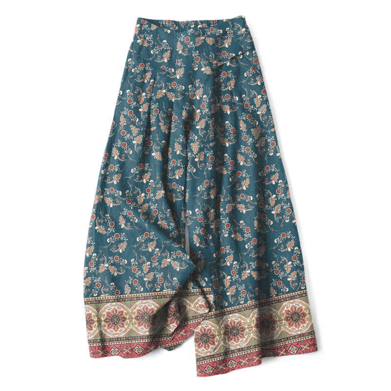 Buddha Stones Cotton Linen Bohemian Floral Pattern Women's Elastic Waist Wide Leg Pants With Pockets - Teal - US16,UK/AU20,EU48 (3XL) - image 0