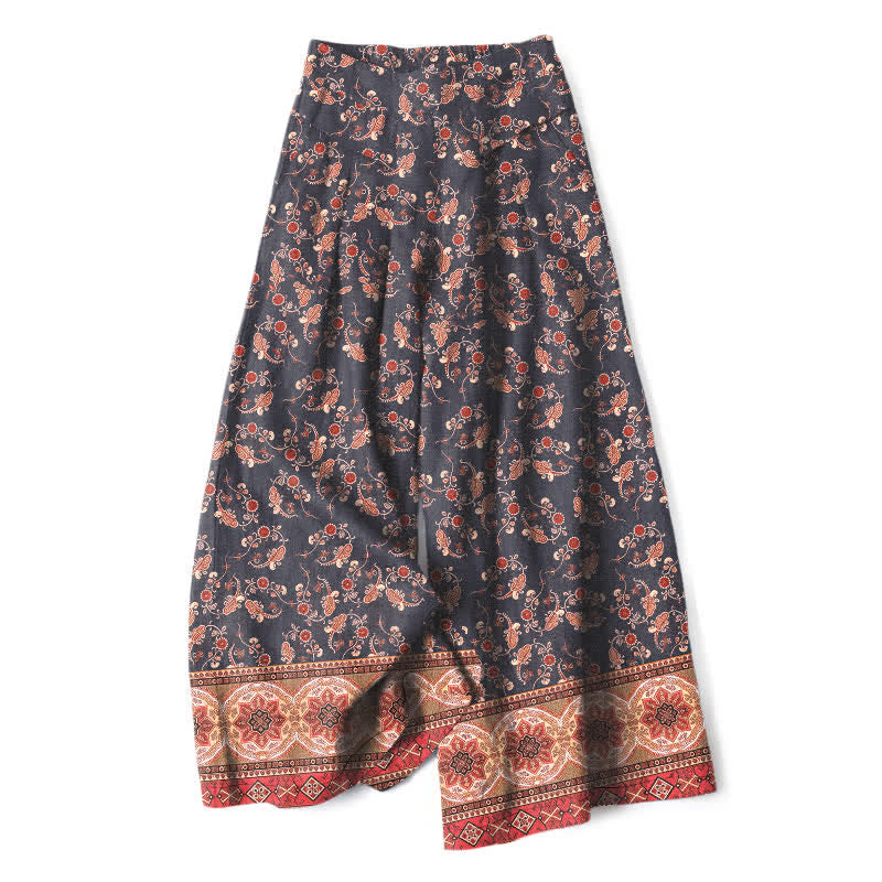 Buddha Stones Cotton Linen Bohemian Floral Pattern Women's Elastic Waist Wide Leg Pants With Pockets - SlateGray - US16,UK/AU20,EU48 (3XL) - image 5
