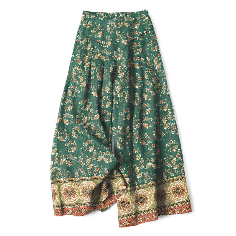 Buddha Stones Cotton Linen Bohemian Floral Pattern Women's Elastic Waist Wide Leg Pants With Pockets - ForestGreen - US16,UK/AU20,EU48 (3XL) - image 7
