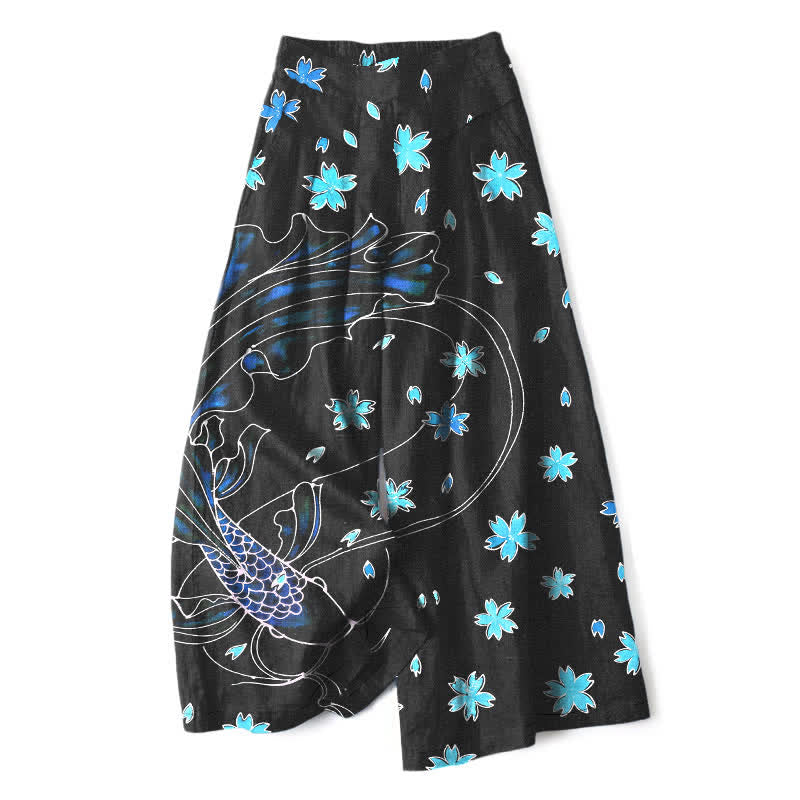 Buddha Stones Cotton Linen Koi Fish Floral Pattern Women's Elastic Waist Wide Leg Pants With Pockets - Black - US16,UK/AU20,EU48 (3XL) - image 0
