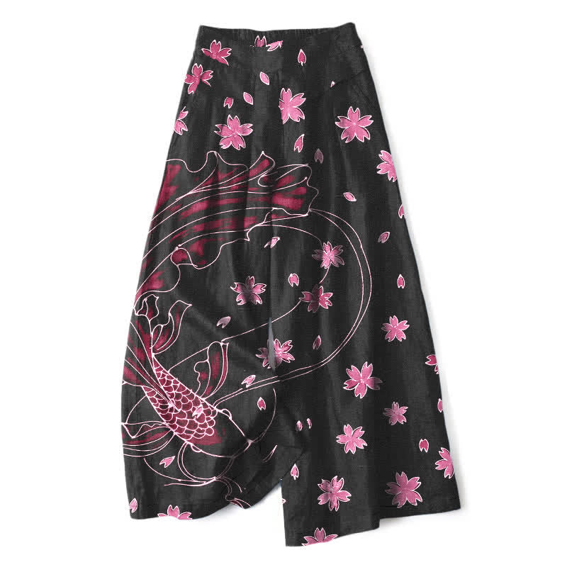 Buddha Stones Cotton Linen Koi Fish Floral Pattern Women's Elastic Waist Wide Leg Pants With Pockets - PaleVioletRed - US16,UK/AU20,EU48 (3XL) - image 5