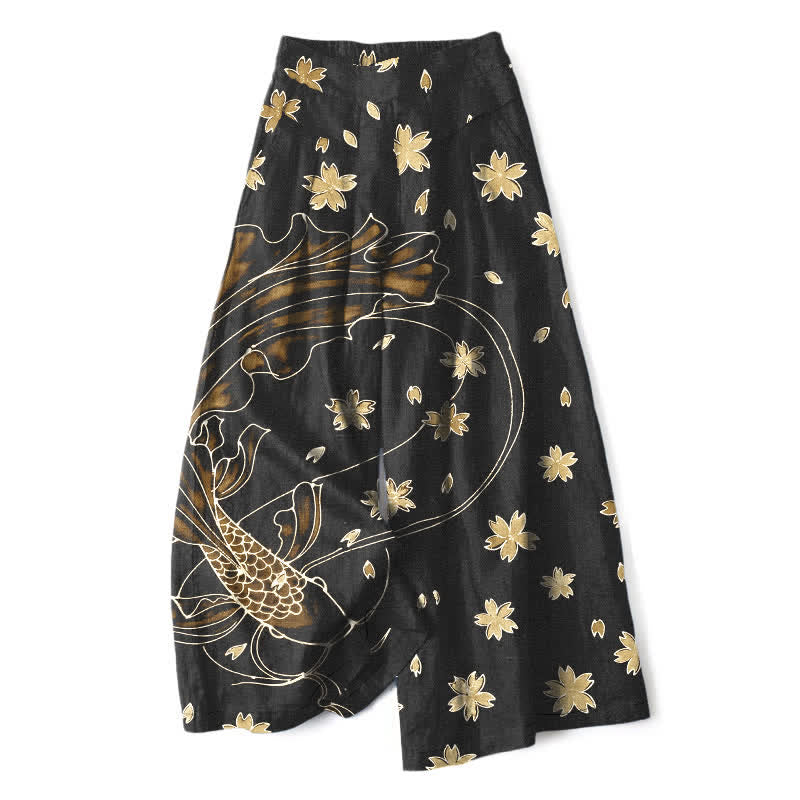 Buddha Stones Cotton Linen Koi Fish Floral Pattern Women's Elastic Waist Wide Leg Pants With Pockets - PaleGoldenrod - US16,UK/AU20,EU48 (3XL) - image 7